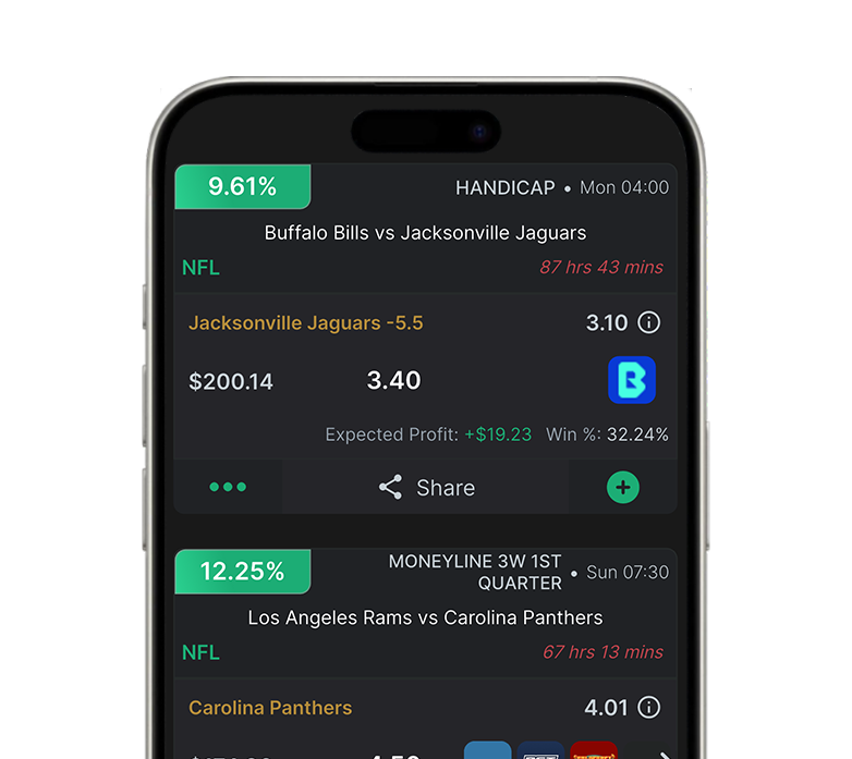 WagerWise positive EV betting finder showing ranked opportunities